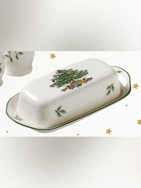 Spode Festive Christmas Tree Butter Dish with Lid, 8”, LIKE NEW